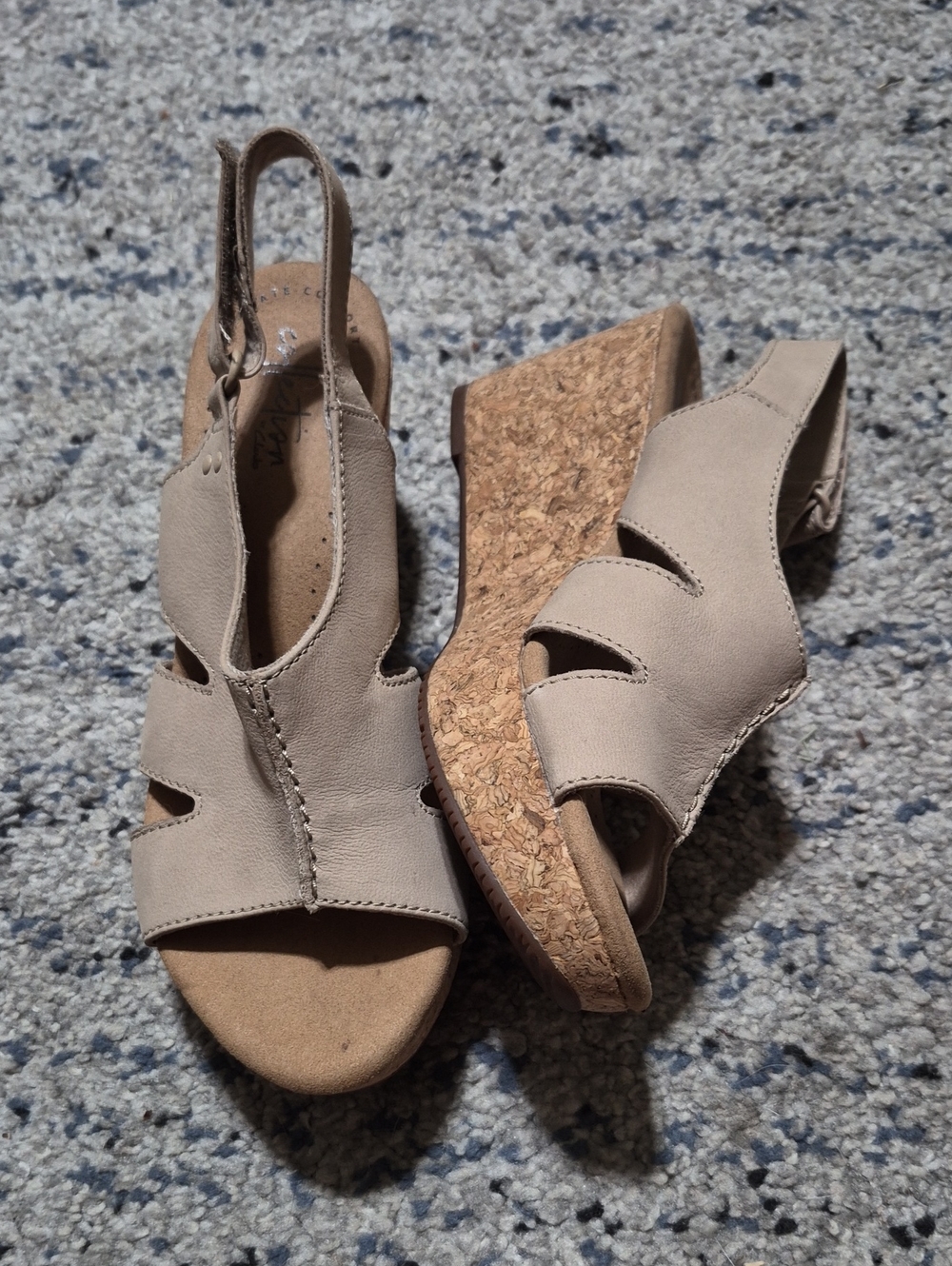 Clarks Taupe Leather Cork Wedge Slingback Sandals 7/8??